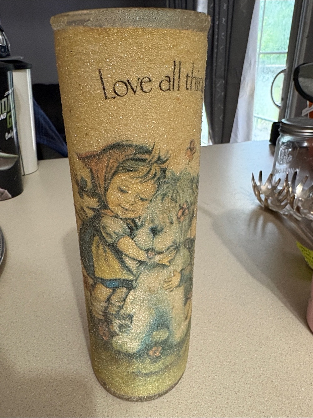 Vintage Hummel Sugar Frosted Pillar Candle "LOVE ALL THINGS"